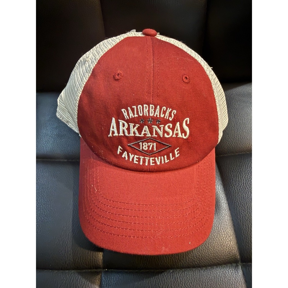 Arkansas Razorbacks Fayetteville Trucker Hat Snapback Red Off White Cap